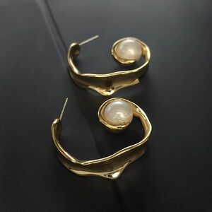Gold Hoop Earrings with Pearl Accent - Women Jewelry